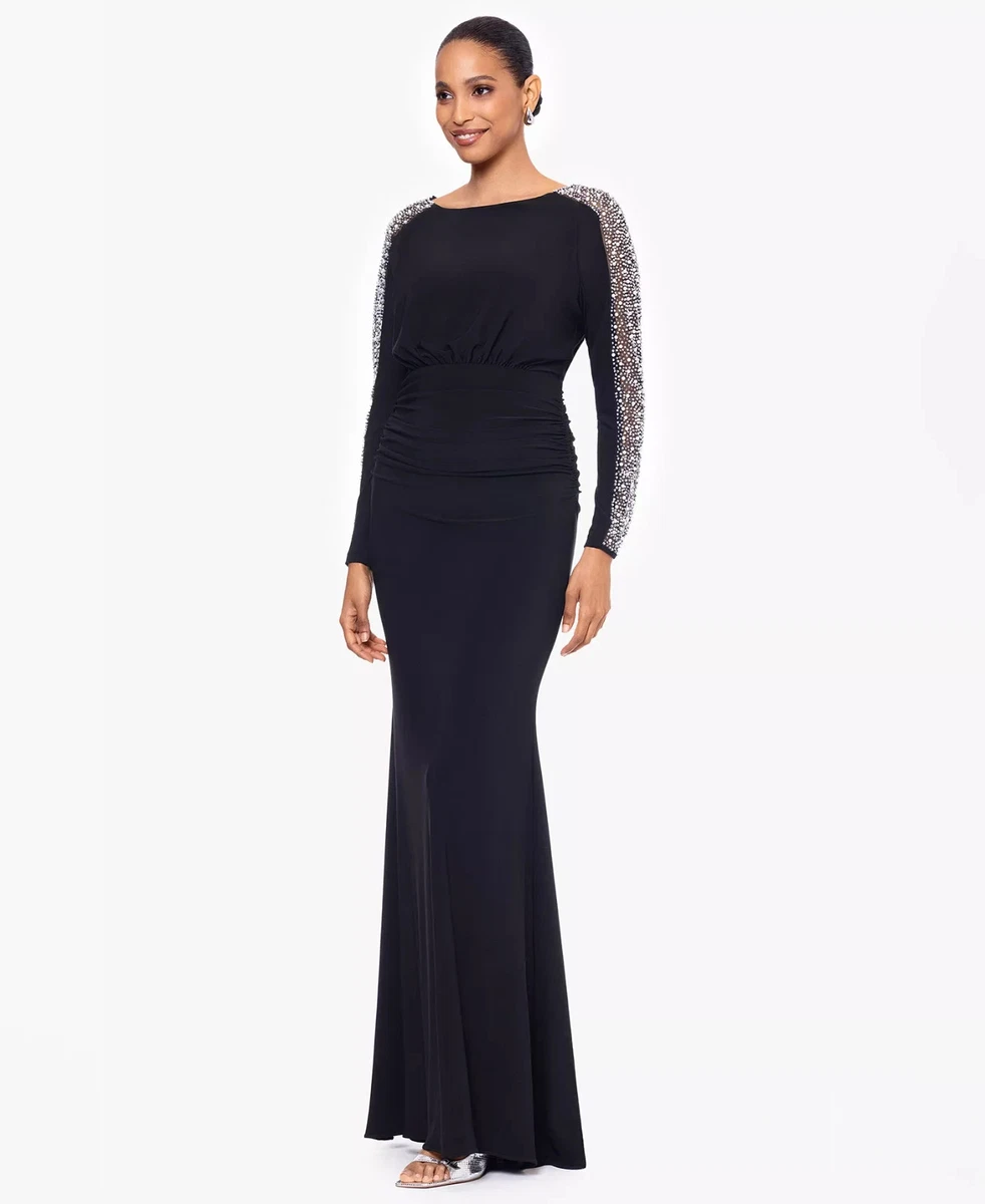 betsy and adam long sleeve dresses Betsy & Adam Womens Petites Sheer-Sleeve Long Evening Dress Black 14P