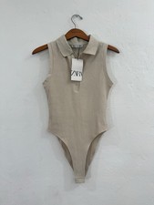 New Zara Woman Beige Polo Collar Halterneck Ribbed Bodysuit Size M