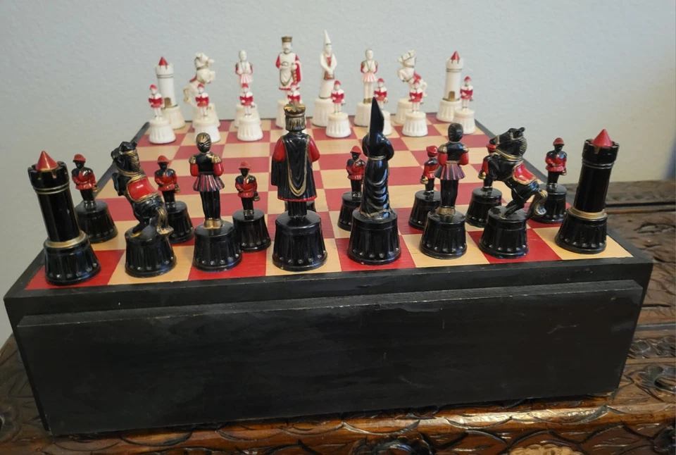 Large Medieval Hand Painted Chess Set 4.75" King 19" Wood Storage Board Drawer! - Image 3 of 4