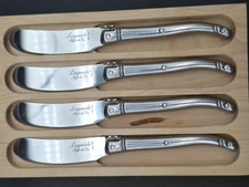 Set of 4 Silver LAGUIOLE French Butter Cheese Knives Spreaders in Woodbox 6 1/4"