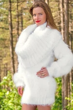 White cowl neck fuzzy mohair sweater thick winter dress handmade fluffy tunic XL