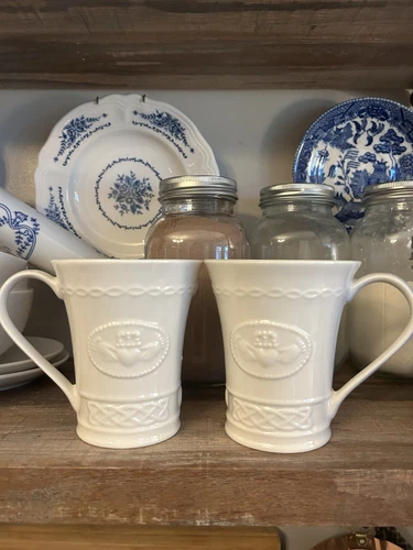 Belleek Claddagh Set of 2 Coffee Cup Mugs Made In Ireland Ivory  Porcelain