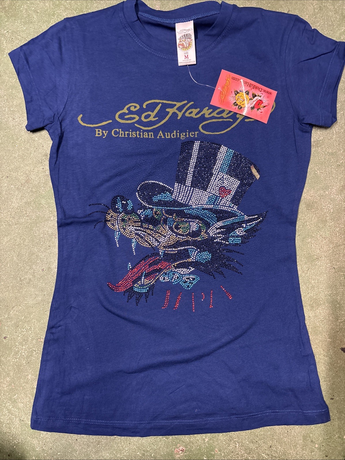 RARE Vintage Ed Hardy SHIRT Woman Medium Blue Wolf RHINESTONES