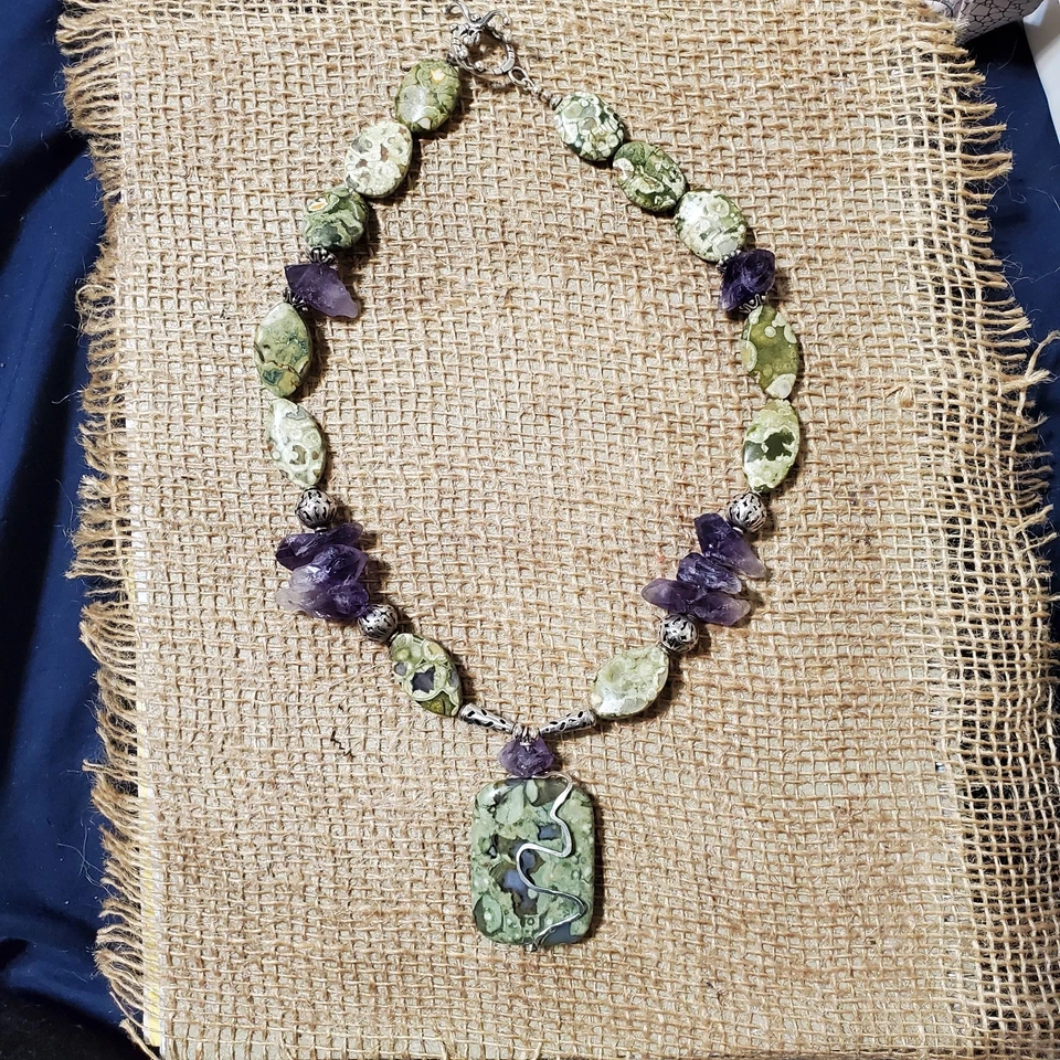 Ожерелье из чистого серебра с бисером яшма аметист тропический лес 18 дюймов - Изображение 4 из 4