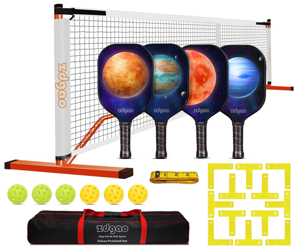 Pickleball Nets Set with 4 Fiberglass Lightweight Pickleball Paddles, 6 Outdo...