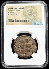 BIZANTYJSKI. Justyn II, z Zofią, 565-578. Æ Follis, certyfikat NGC