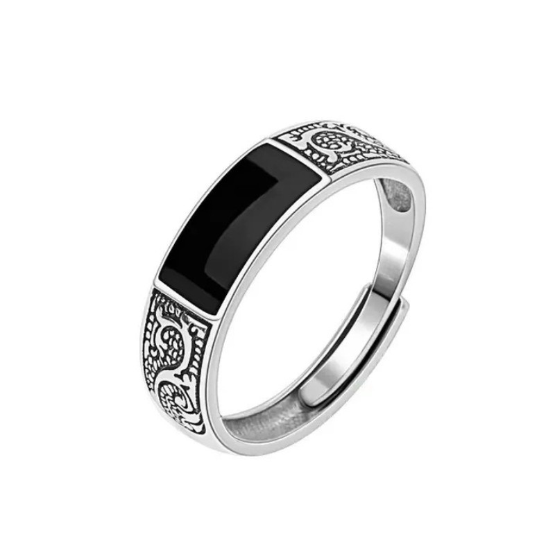 Männer Ring Silber 925 plattiert verstellbar Monogramm Retro Herren Ring Schwarz