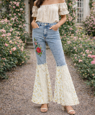 POL Patchwork Flare Bell Bottom Jeans Women M L Embroidered Floral Boho