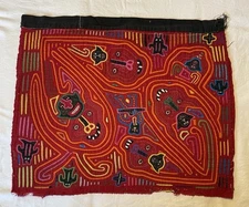 Vintage Hand Sewn Kuna Mola Panama Applique Folk Art Textile Animals Tapestry