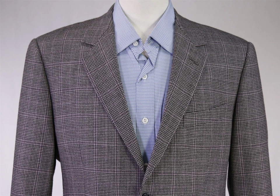 Abrigo deportivo de lana Enzo Custom Clothiers gris negro púrpura a cuadros ventana 40S Foto 3 de 4