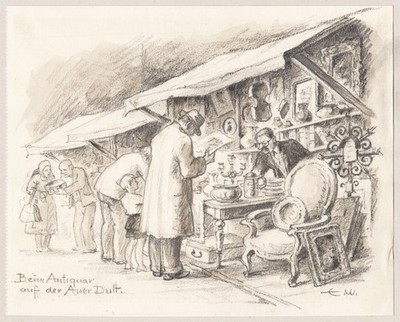 Eduard Winkler 1884-1978 München Auer Dult Antiquar Hänlder Zeichnung drawing
