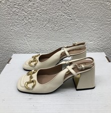 Gucci Horsebit 75mm Mid Heel Slingback Ivory Leather Pump EU 36 US 6 D62