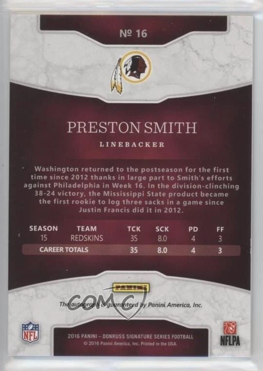 2016 Panini Donruss Signature Series Preston Smith #16 Auto - Image 2 of 2