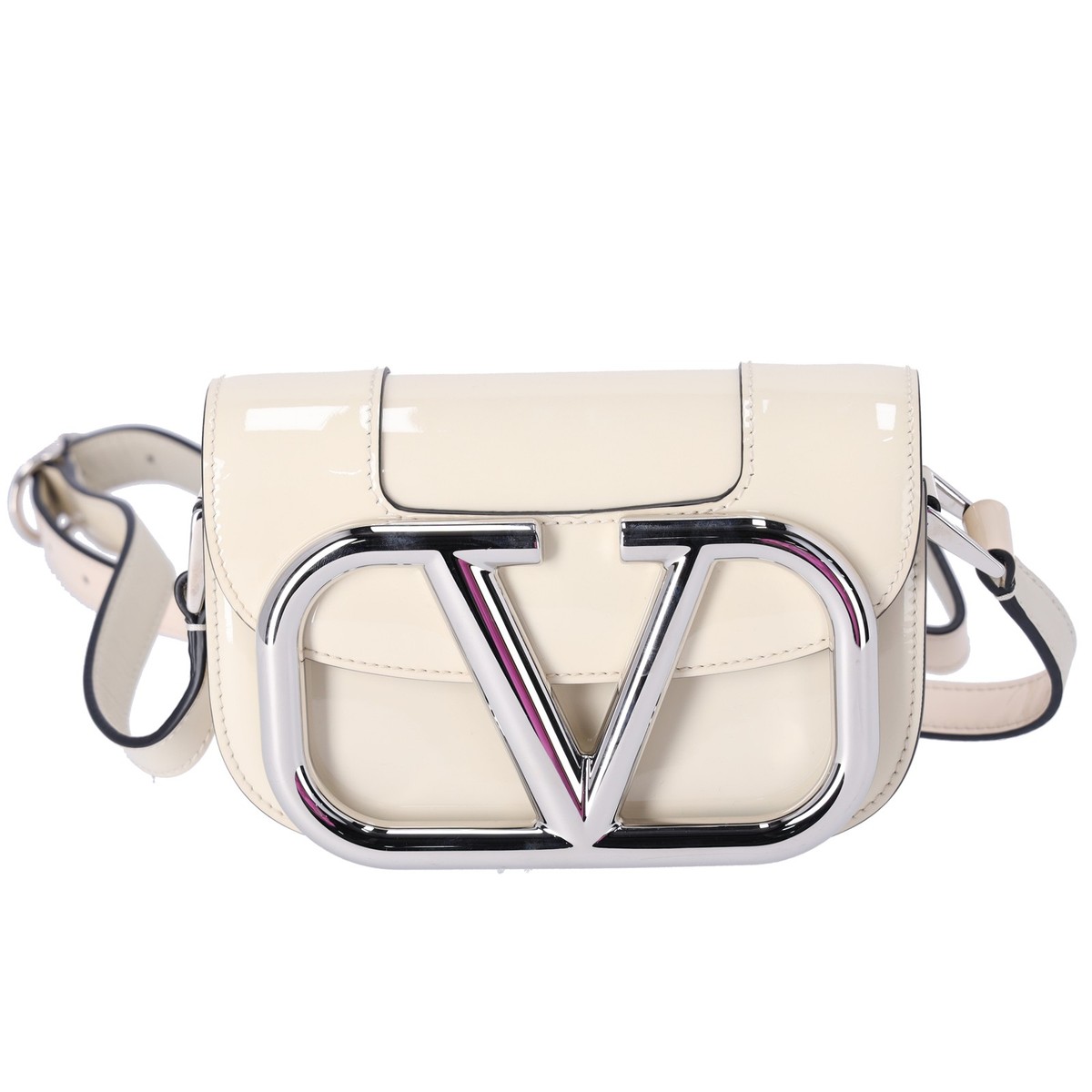 Valentino V logo Signature Shoulder Bag Cream Patent Leather