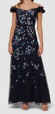 Adrianna Papell Women's Blue Off-Shoulder Beaded Gown Dress Size 8
