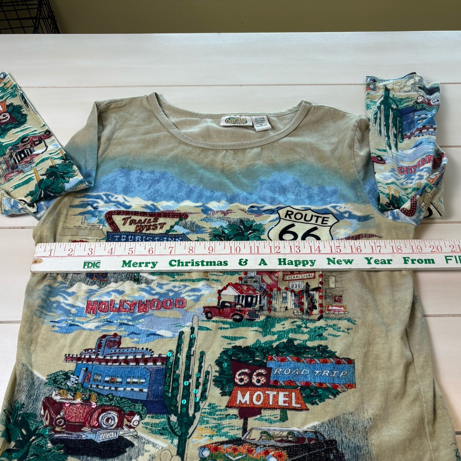 Collections Etc Ladies Sparkle Rhinestone Route 66 Hollywood Travel Shirt Size M