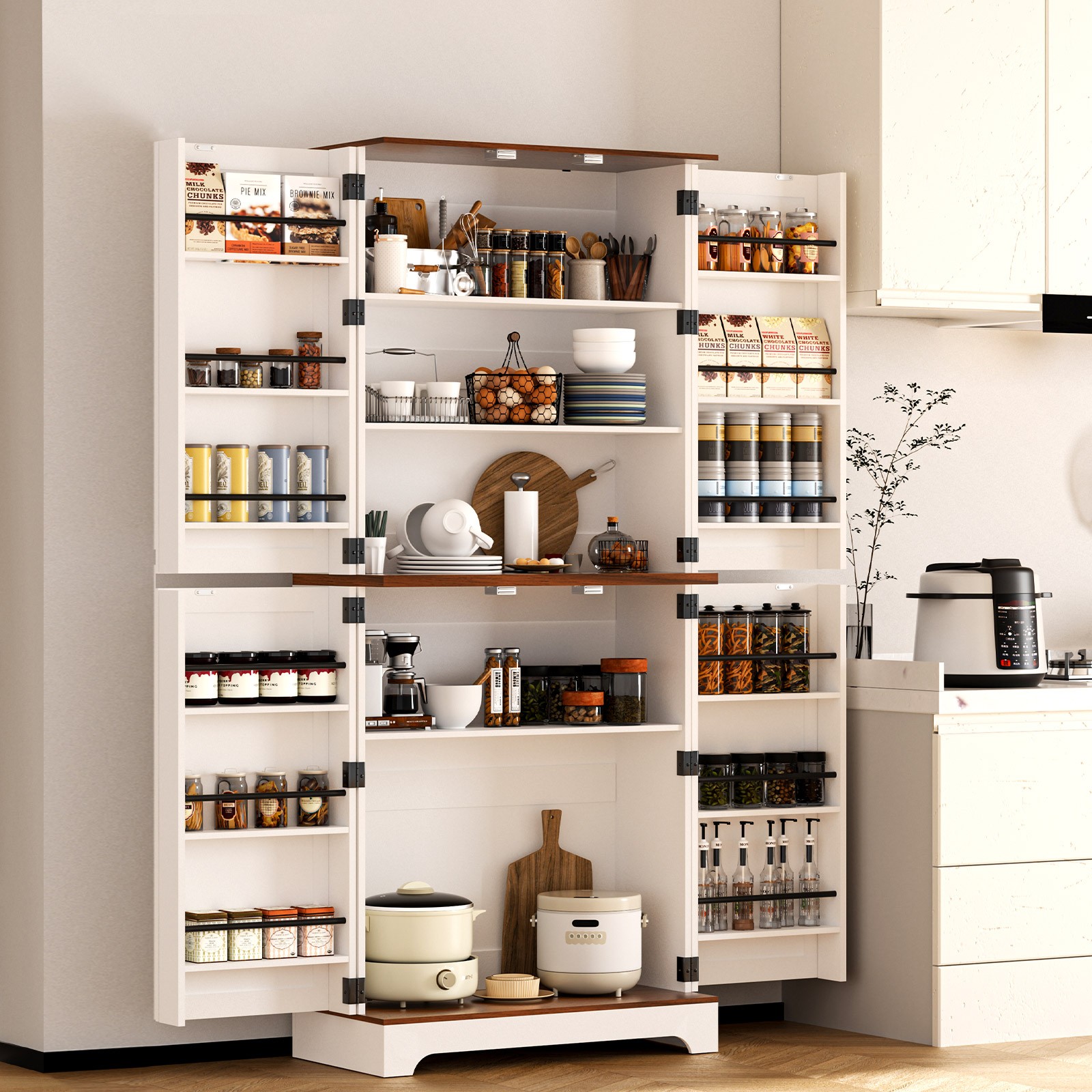75" Tall Kitchen Pantry, Large Farmhouse Storage Cabinet wit