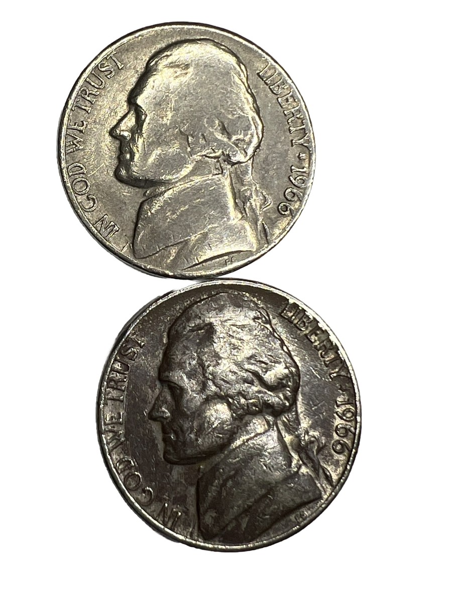 1966 P Jefferson Nickel 2 Coins VERY RARE DARK COLOR LAMINATION