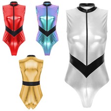 Women Leotard Metallic Bodysuit Cosplay Catsuit Breathable Costume Fashion Tops