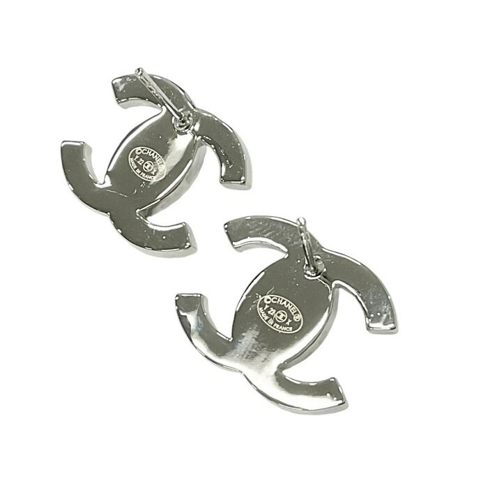 CHANEL CC Logos Turnlock Rhinestone Stud Earrings Silver