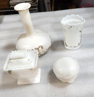 Dithridge White Milk Glass Bottle Jar Vanity Box Antique 4 Pc  1880s Victorian