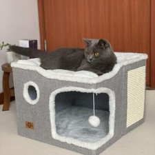 Cat Bed for Indoor CatsCovered Cat Cave House  Furniture with Scratch PadFol...
