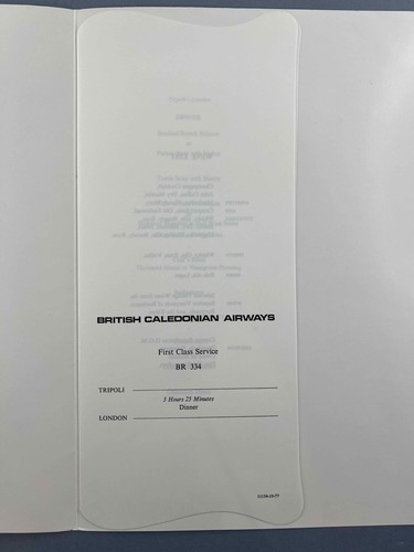 BRITISH CALEDONIAN FIRST CLASS AIRLINE MENU TRIPOLI LIBYA - LONDON BCAL 1977 - Picture 2 of 3