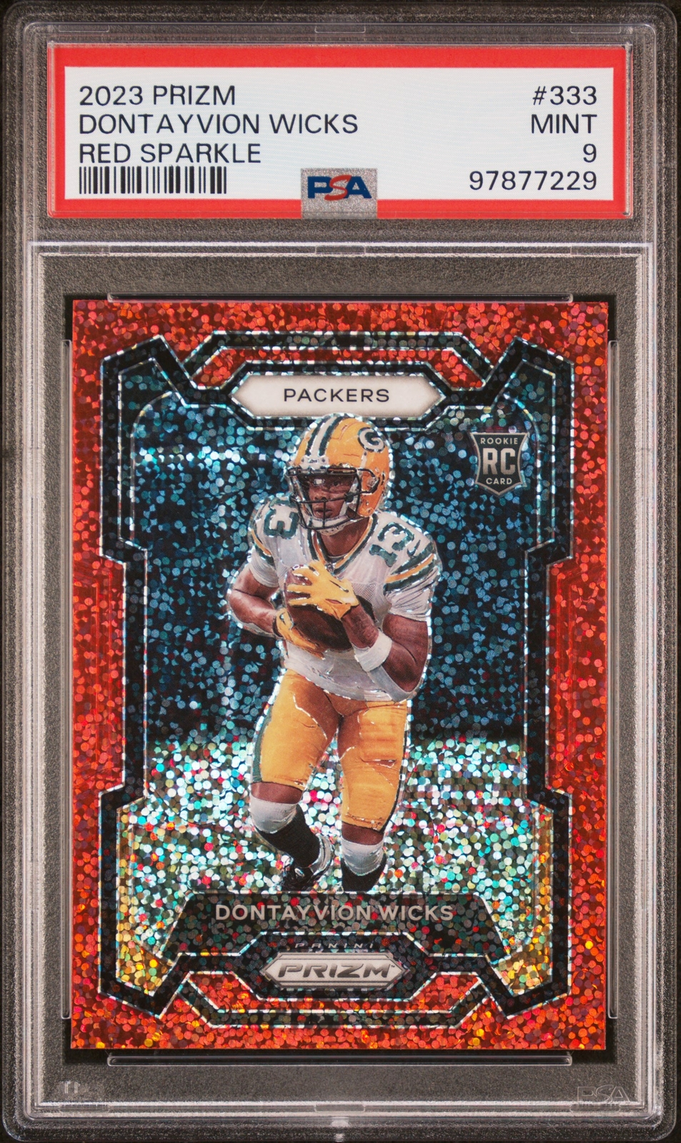 2023 PANINI PRIZM #333 DONTAYVION WICKS RED SPARKLE PSA 9 RC PACKERS ROOKIE CARD