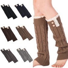 Women Solid Knitted Crochet Buttons Leg Warmer Winter Leg Sleeve Boot Socks
