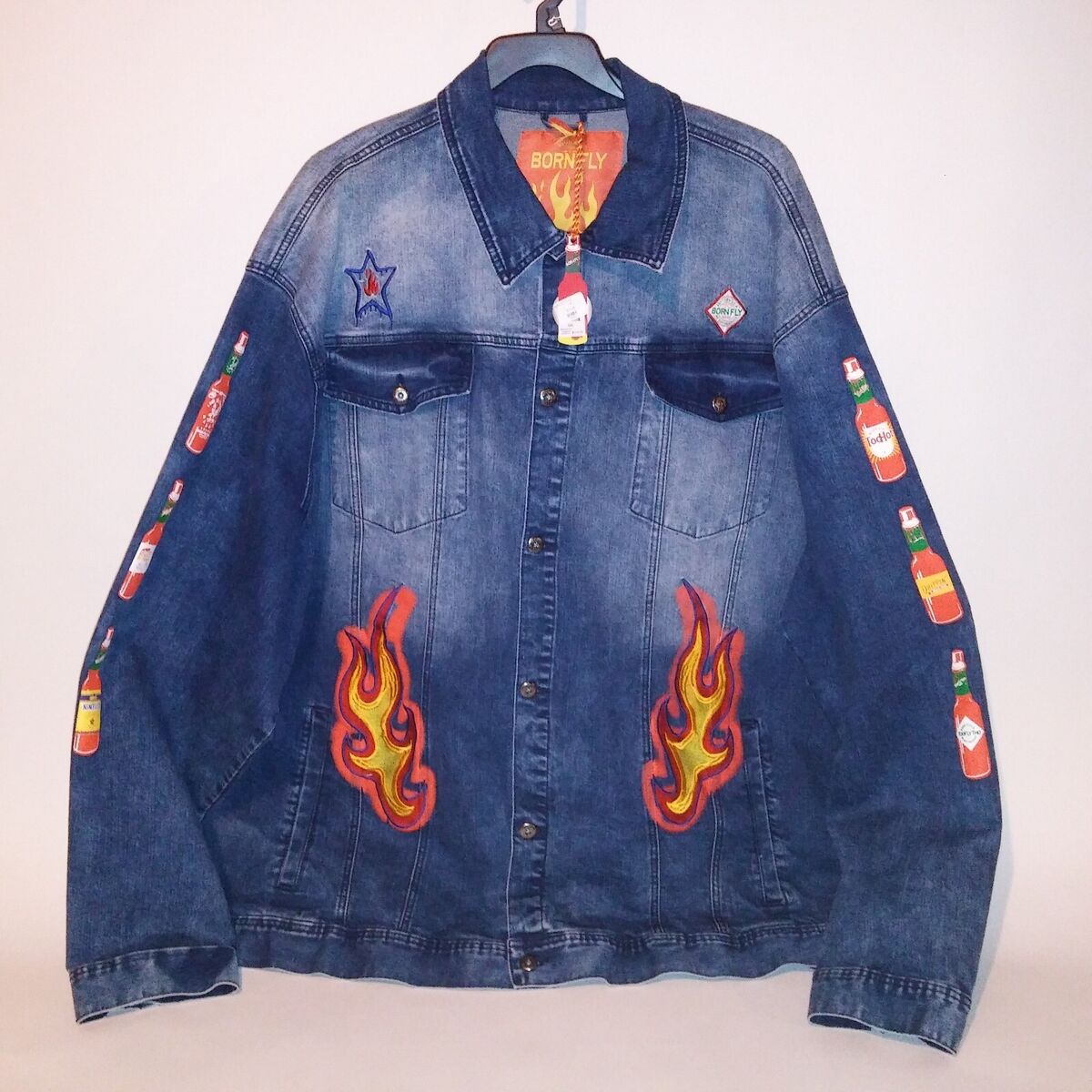 Born Fly Mens Denim Jacket 6X Blue Orange Streetwear Embroidered Hot Stuff Butto Born Fly Mens Denim Jacket 6X Blue Orange Streetwear Embroidered Hot Stuff Butto