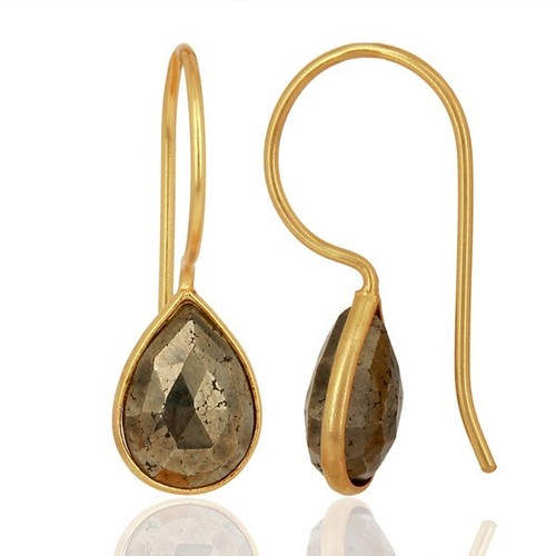 Natural Pyrite Pear Shape Sterling Silver 925 Gold Plated Earrings With Earwire - Picture 1 of 7