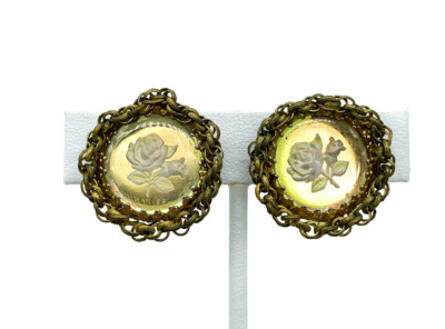 Antike Miriam Haskell Umgekehrt Geätzte Glas Rose Blume Kette Runde Ohrringe