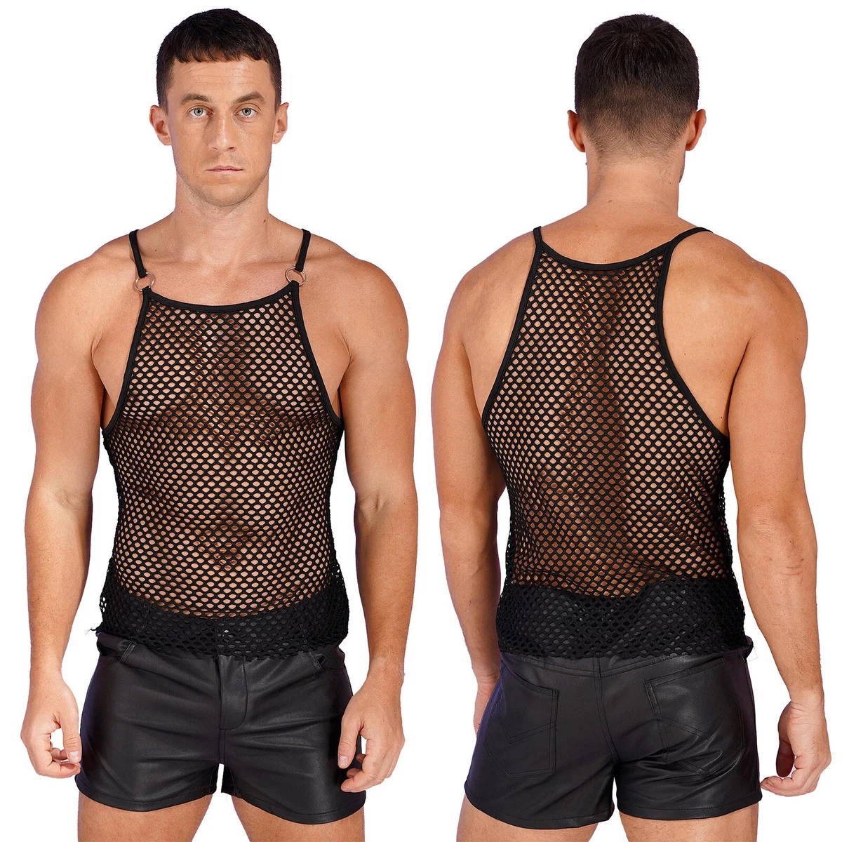 Men's Sheer Mesh Fishnet Tank Top Sleeveless Cami Sleepwear Slim Fit Sport  Vest