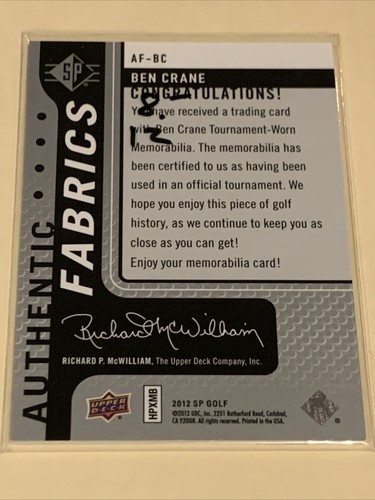 2012 UPPER DECK SP GOLF BEN CRANE TOURNAMENT WORN AUTHENTIC FABRICS - Picture 2 of 2