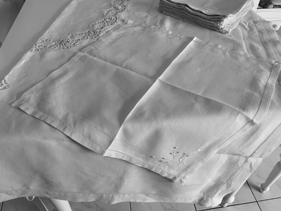Linge Ancien 6 Serviettes De Mariage En Fil De Lin Brodé Point Bourdon Napoleon - Photo 4/4