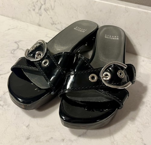 Stuart Weitzman Sz 7.5 M Black Patent Leather Slip On Sandals Silver Studs NEW - Picture 8 of 8