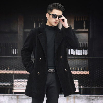 Mens Real Lamb Wool Shearling Fur Lined Mid Long Jacket Reversible