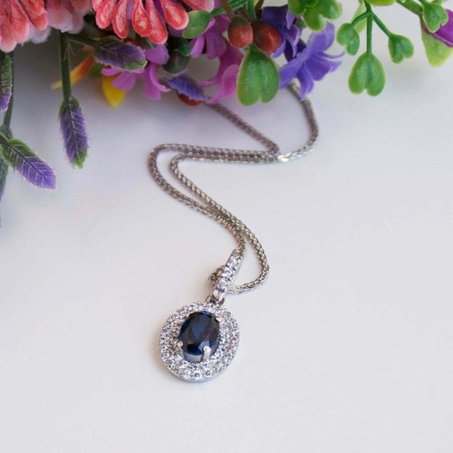 2Ct Oval Cut Sapphire Double Halo Pendant 14K White Gold Finish - Picture 2 of 3