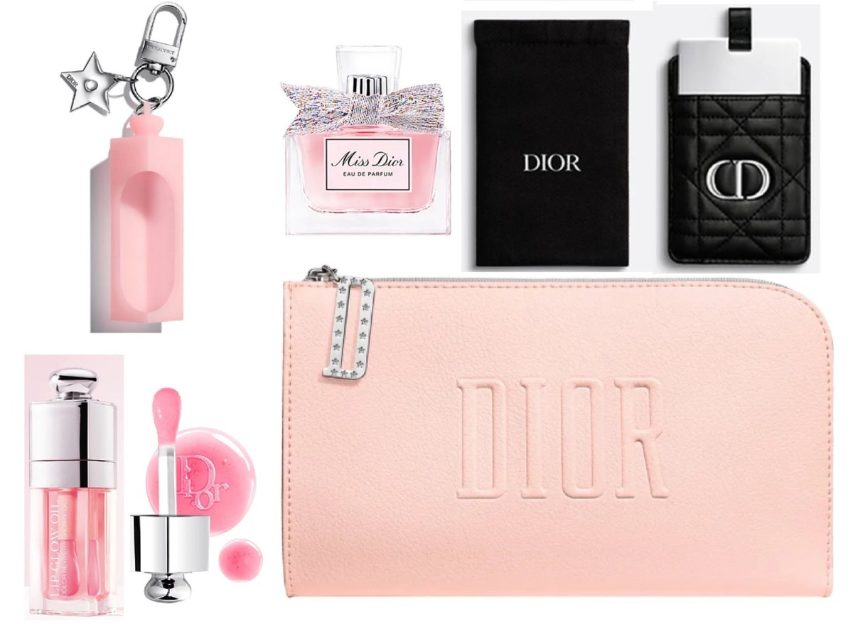 New in Box Dior Logo Pink Bag w/ Charm + Pink Lip Oil + Keychain