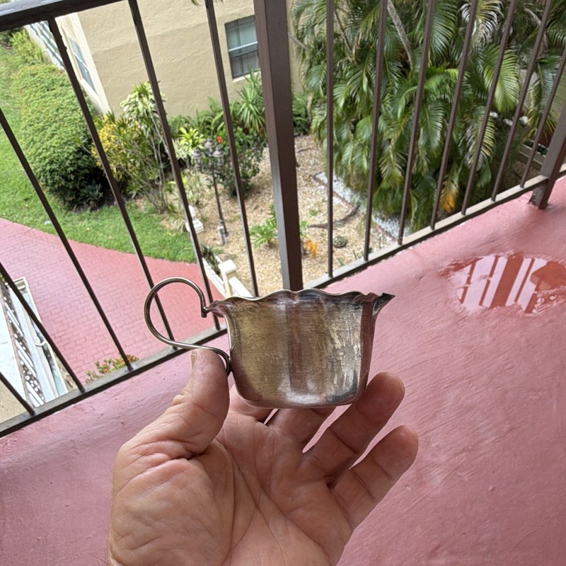 Antique Silverplate Mini Creamer Pitcher with Handle, Scalloped Rim