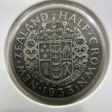 1933 New Zealand 1/2 Half Crown Silver Coin - Very Good - King George V
