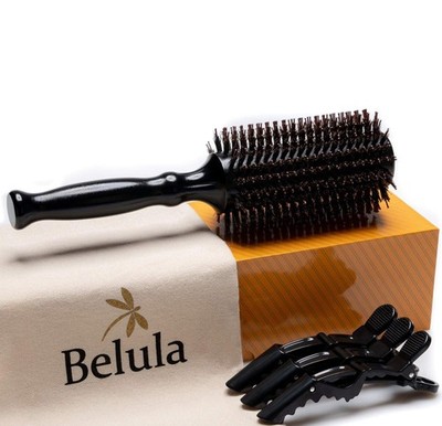 Boar Bristle Round Brush 2.7 Inch Wood Barrel with 3 Hair Clips & Travel Bag