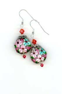 Pink & blue floral lampwork glass/crystal artisan earrings Birdsongjewelry