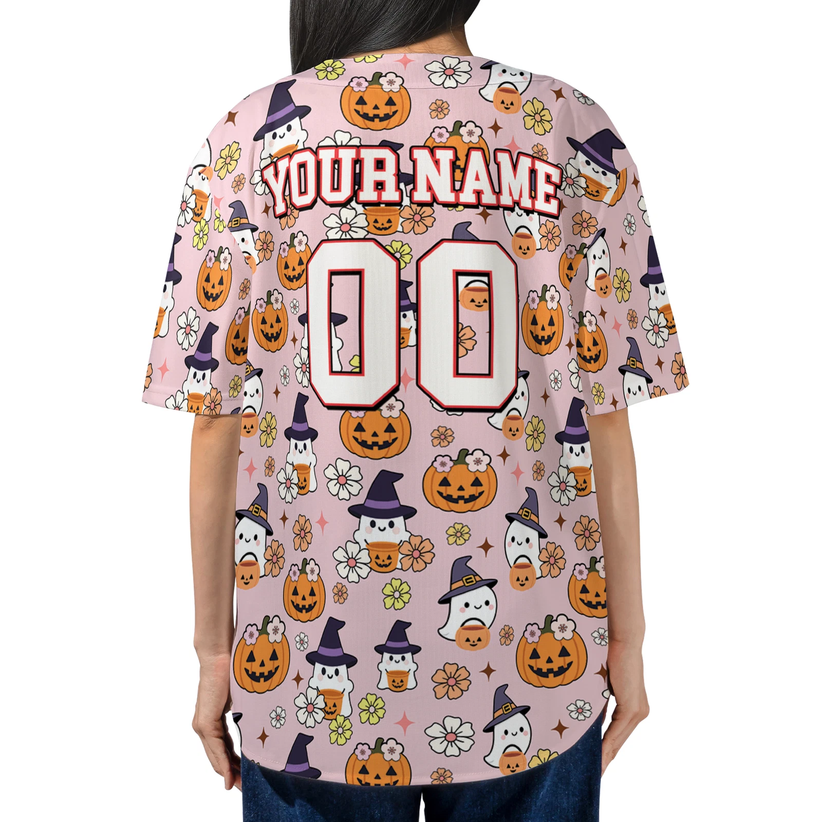 Personalized Cute Ghost Pumpkin Happy Halloween Floral Baseball Jersey Shirt