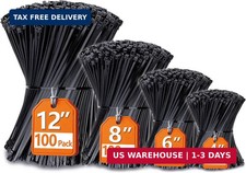 Zip Ties Assorted Sizes 4" 6" 8" 12" , 400 Pack, Black Cable Ties, UV Resistant