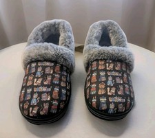 BOBS Skechers Women 6 Grey Faux Fur CAT Print Memory Foam SlipOn Vegan Slippers