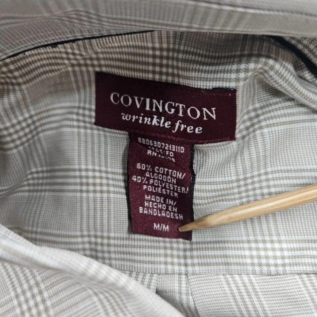 Camisa Covington para hombre talla mediana beige a cuadros manga larga con botones Foto 3 de 4