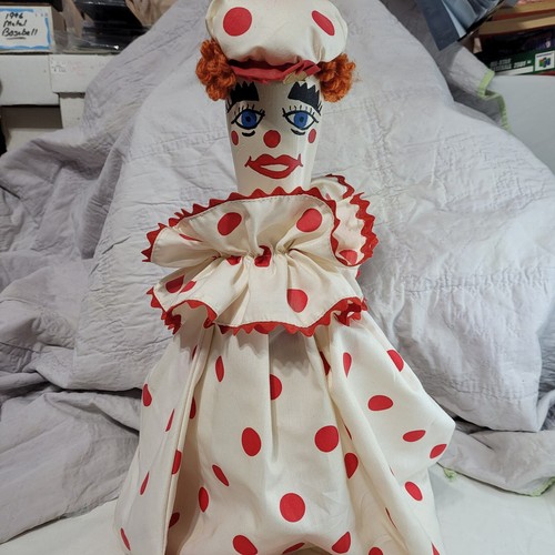 Bowling Pin Clown VINTAGE 17” Handmade Craft Clown Doll - Knit Outfit HAPPY - Picture 3 of 7
