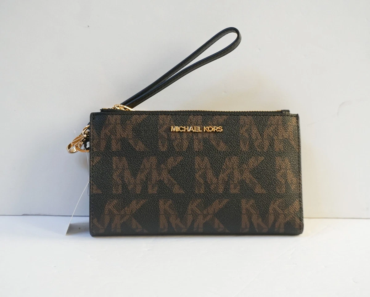 Michael Kors Jet Set Travel Large Double Zip Wallet Graphic Logo MK Brown  Black