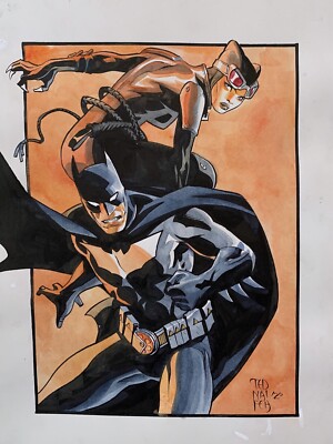 Batman & Catwoman Original Comic Art Ted Nafeih Pin Up Watercolours DC Comics A4